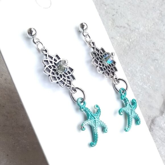 Coastal ~ Beach ~ Island Living! Patina Painted Starfish ~ Sea Star ~ Earrings#3 - Picture 5 of 7